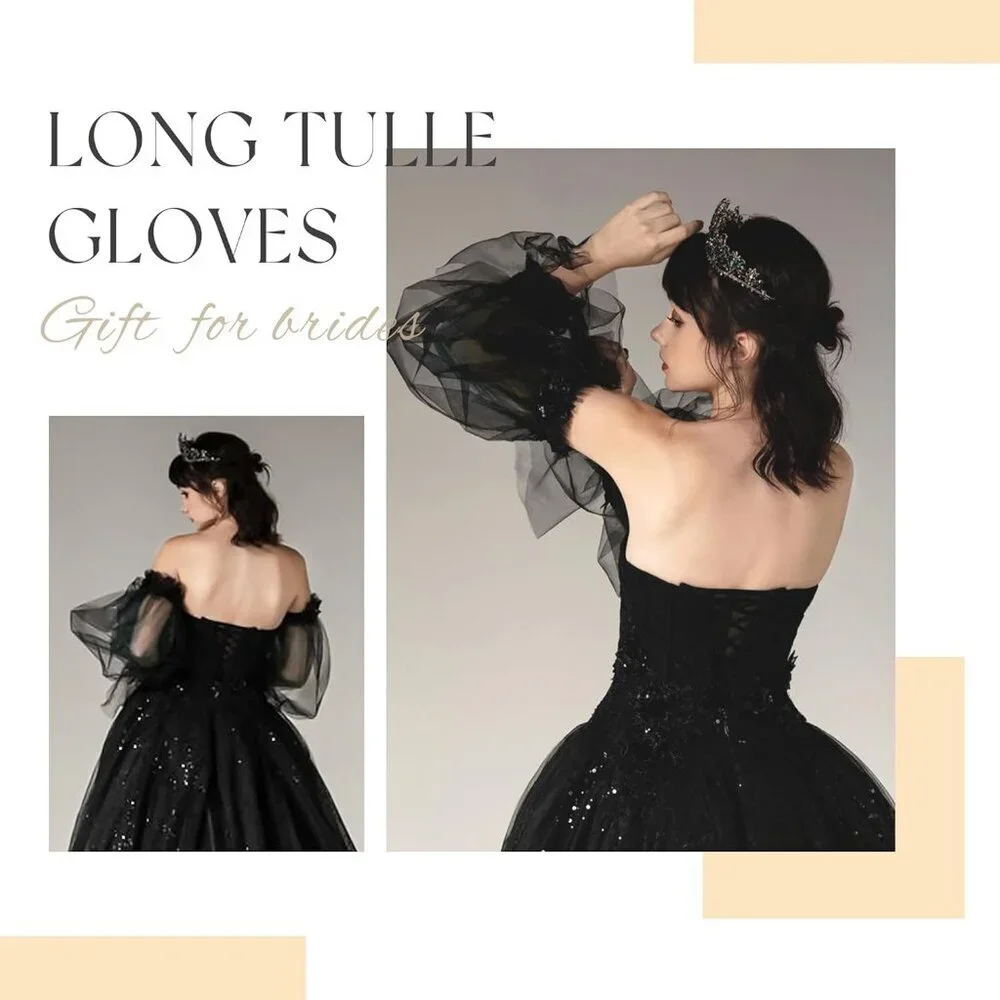 Women's Wedding Puffy Fingerless Black Detachable Long Sleeves Ruffled Gloves